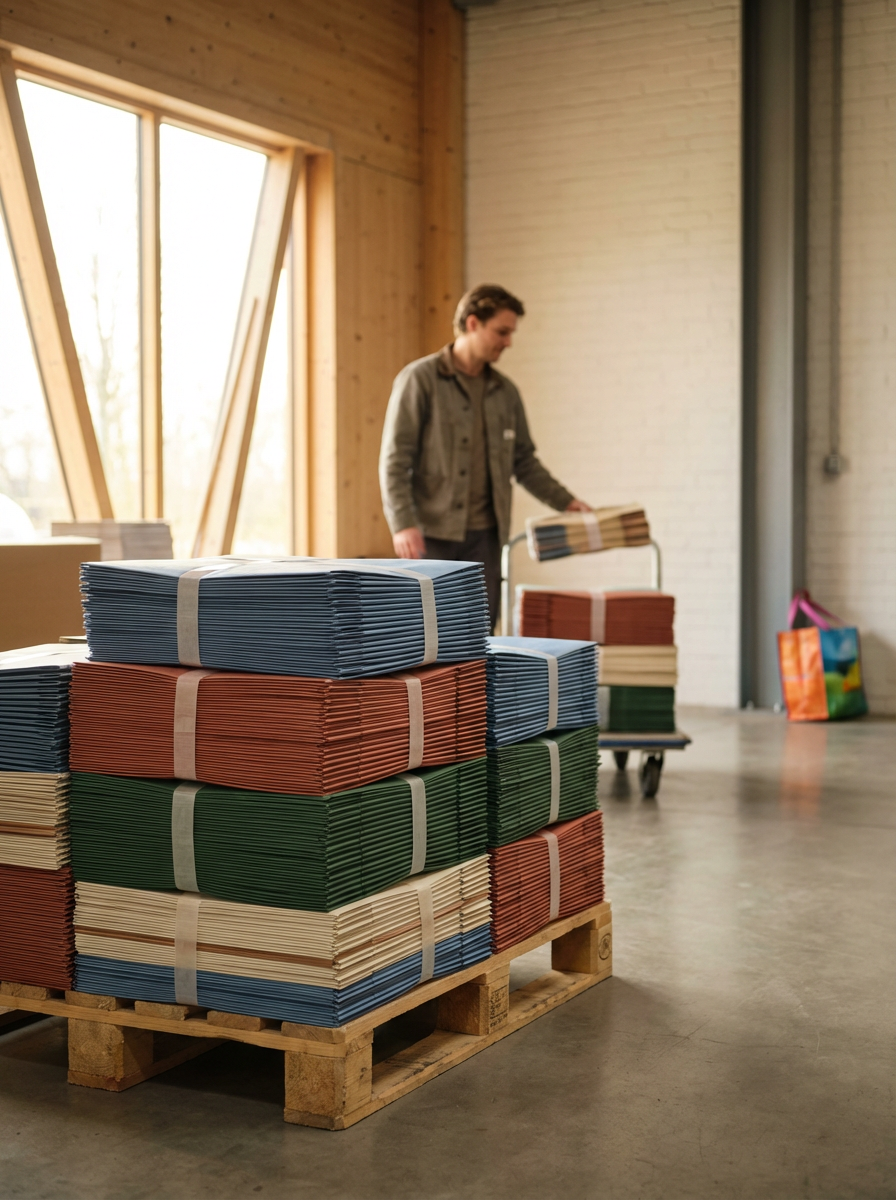 Stacks of colored paper or cardboard neatly arranged on wooden pallets in a well-lit, modern warehouse or workshop with a man in the background taking inventory.