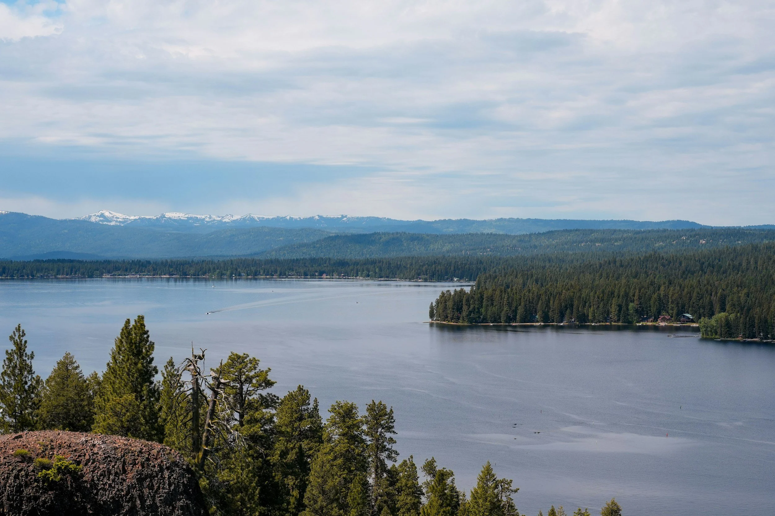 Quiet Idaho lake framed by evergreen forest