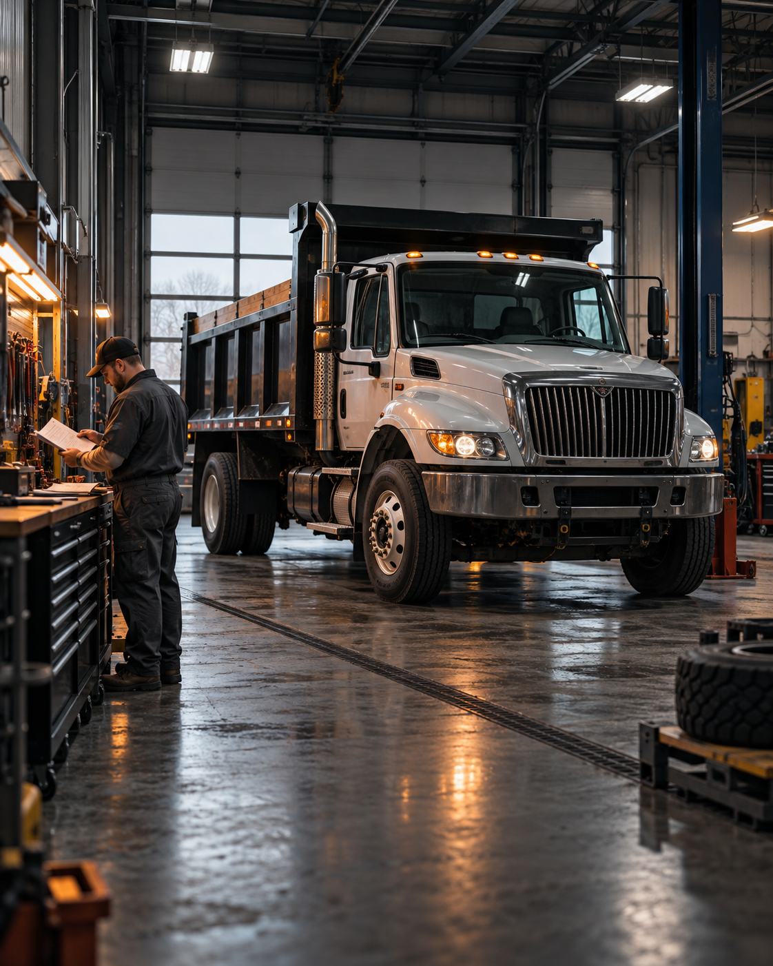 A mechanic works at a workstation inside an auto repair shop with a large white dump truck parked nearby.