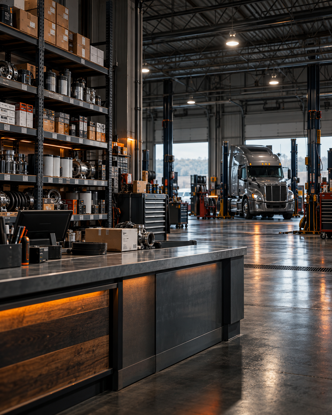 Inside an auto repair shop with shelves stocked with car parts, a workbench, and a large semi-truck parked in a bay.