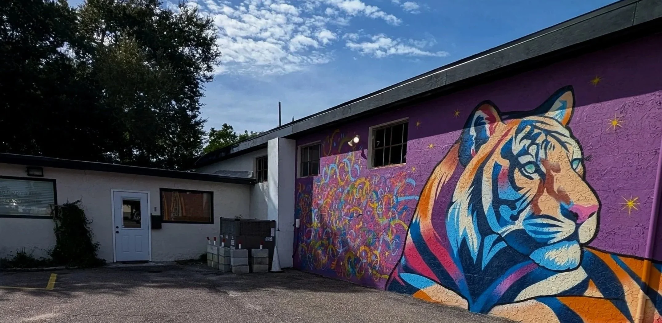 A colorful mural of a tiger painted on the side of a purple building, with stars and abstract patterns in the background, under a partly cloudy sky.
