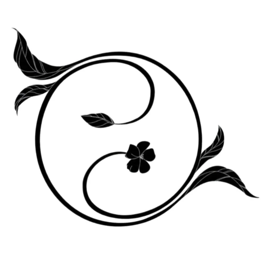Black and white floral yin-yang symbol with leaves and a four-leaf clover in the center.