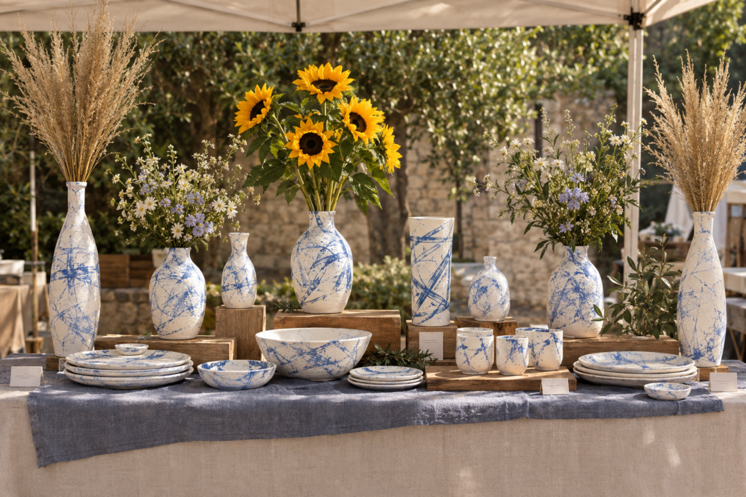 Display of white and blue patterned ceramics, including vases, bowls, plates, and cups, arranged on a table with a cloth, decorated with sunflower, daisies, and wheat stalk arrangements against an outdoor backdrop.