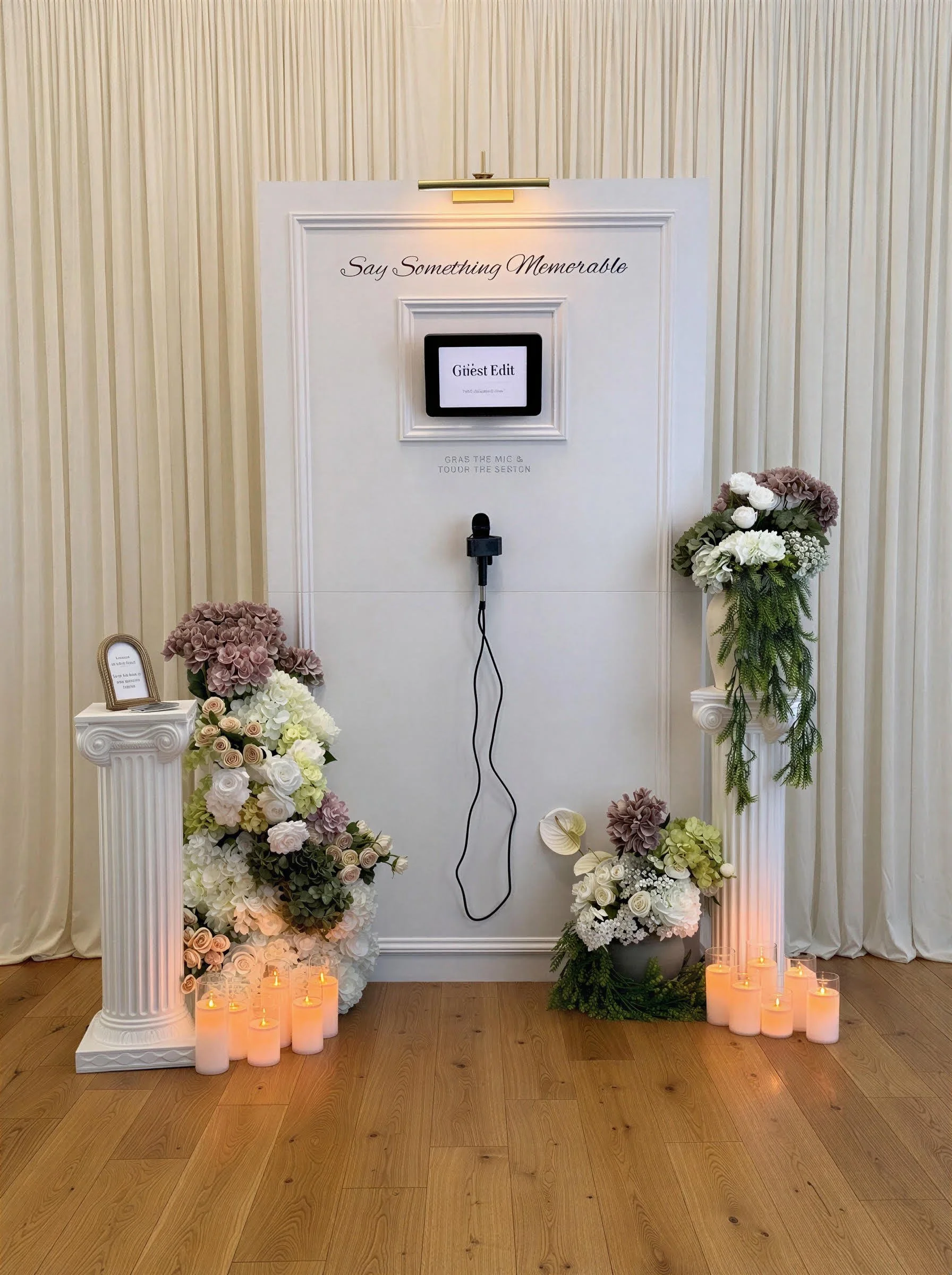 Wedding guest book station with floral arrangements, candles, and a sign that says 'Say Something Memorable' with a digital guest book screen displaying 'Guest Edit'.