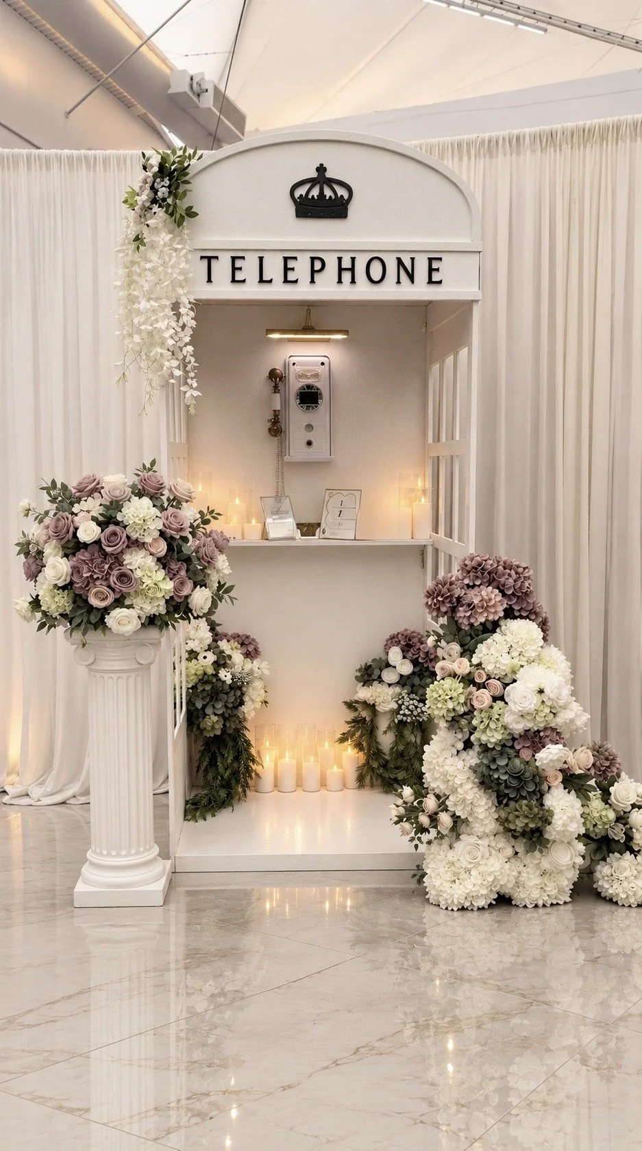 Vintage white telephone booth decorated with flowers and candles for a wedding or event.