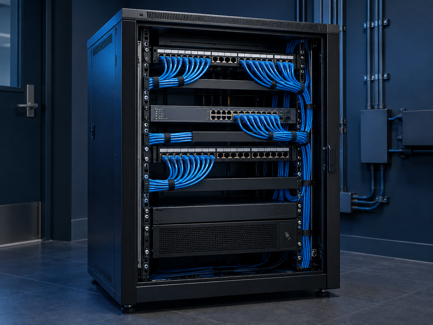 Illustrative network cabinet with neatly organised blue cabling and network equipment