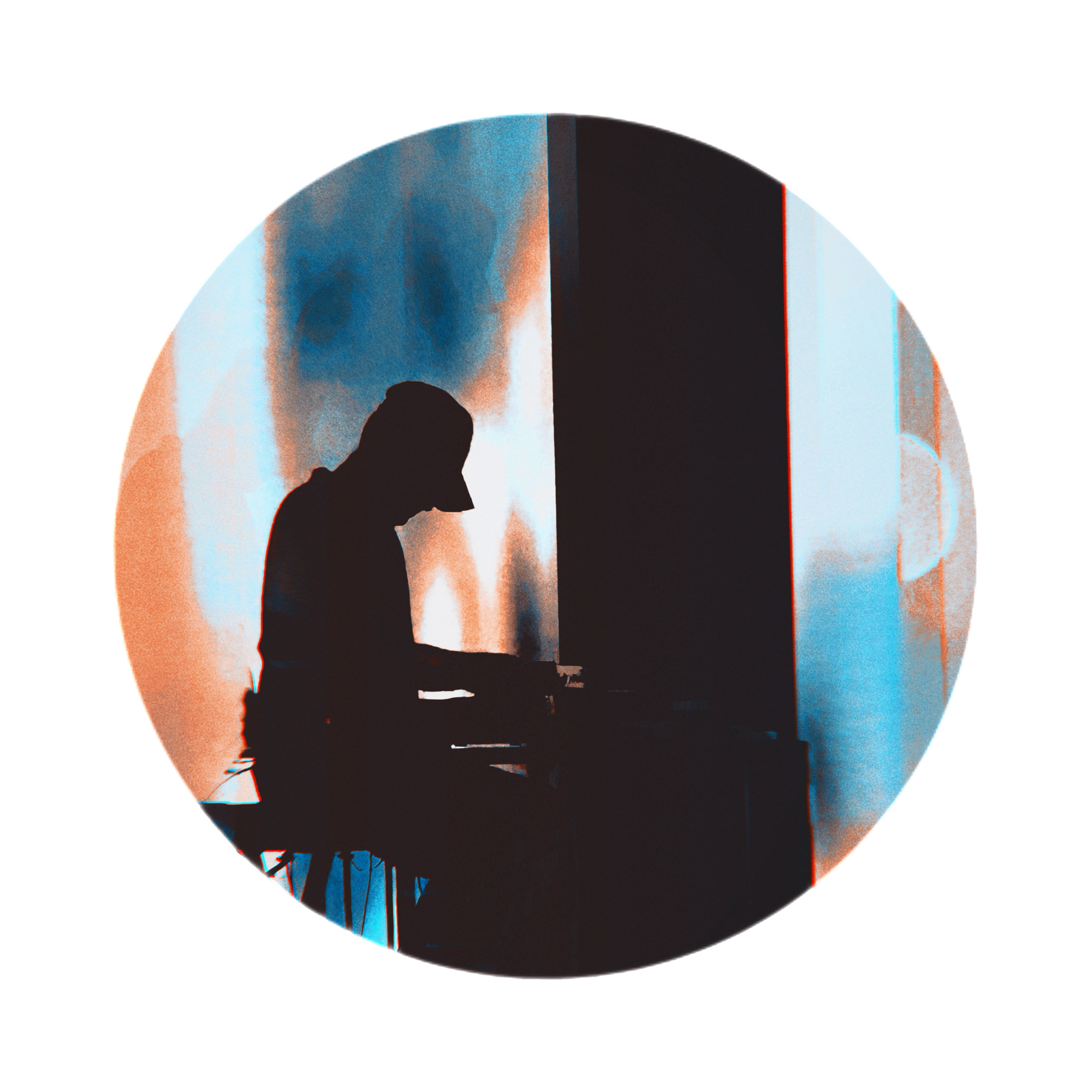 A dark-colored vinyl record with a composite image of a person's silhouette and abstract blue and orange watercolor patterns.