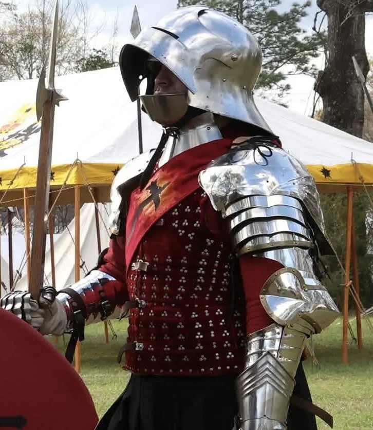 The artist and owner, Claiborne Theriot, enjoying his hobby of medieval reenactment.