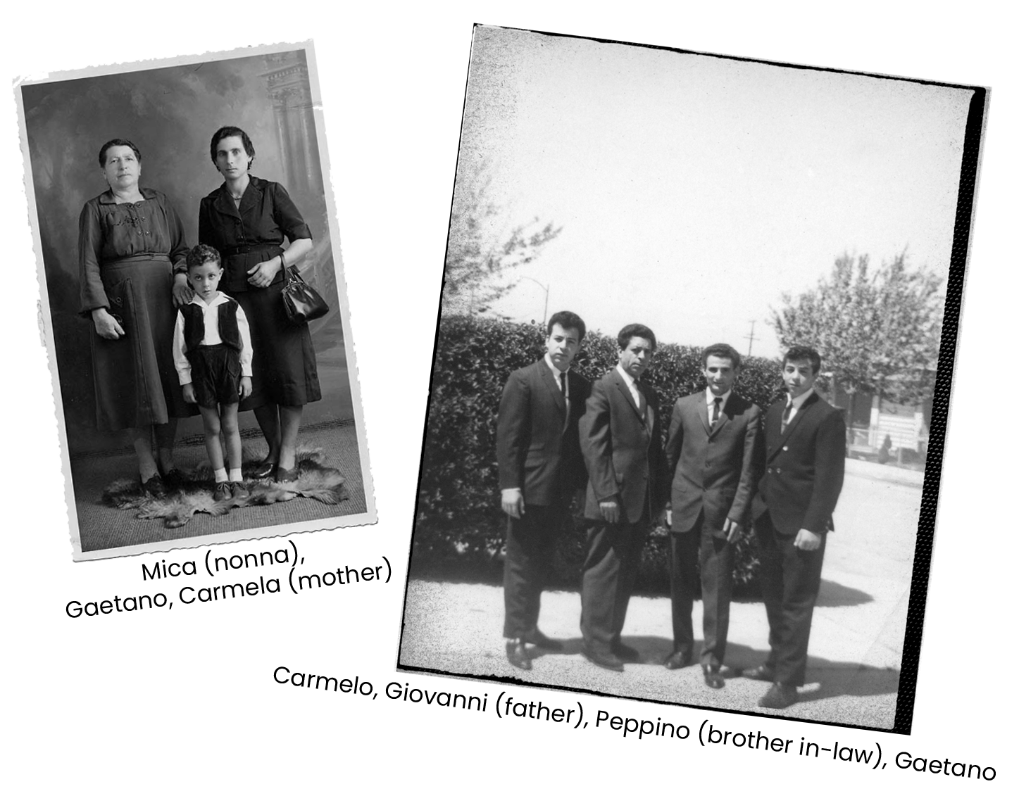 Two vintage black-and-white photographs of different groups of people, one showing a family with a woman, a young girl, and a woman in a studio setting, and the other showing four men in suits outdoors.