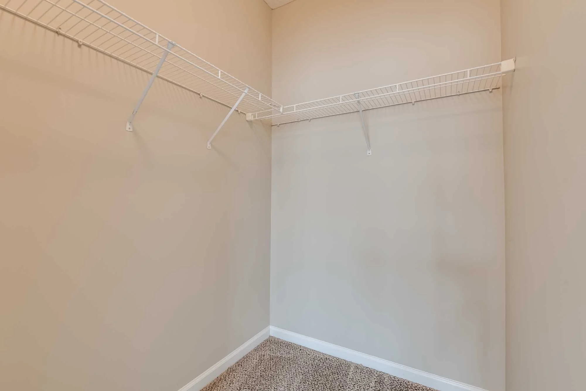 Empty corner of a room with beige walls, white wire shelf mounted on the wall, and tan carpeted floor.