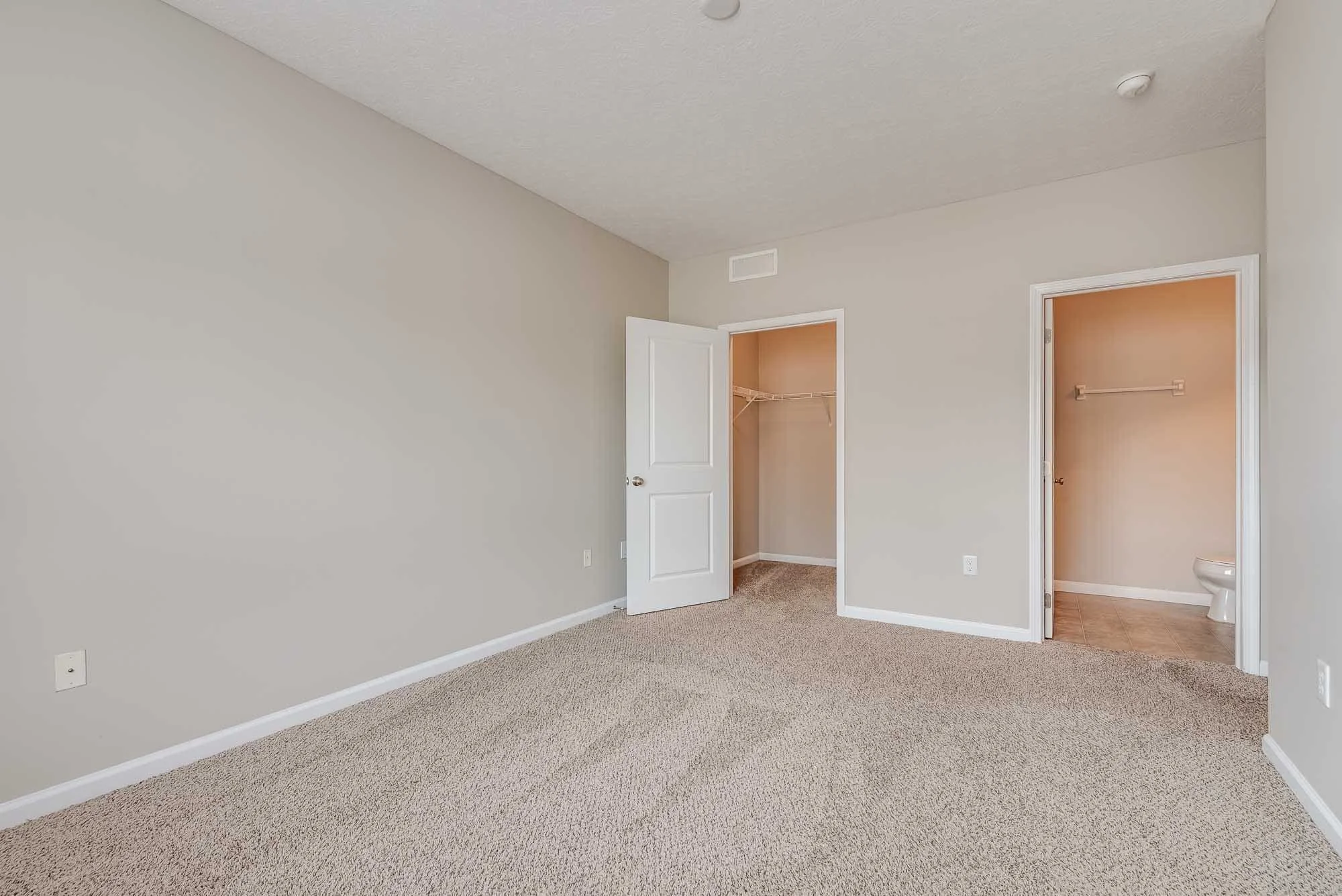 Empty bedroom with beige carpet, light gray walls, and white trim. There are two open closet doors, one revealing a closet with a wire shelf, and a bathroom door visible on the right side of the image.