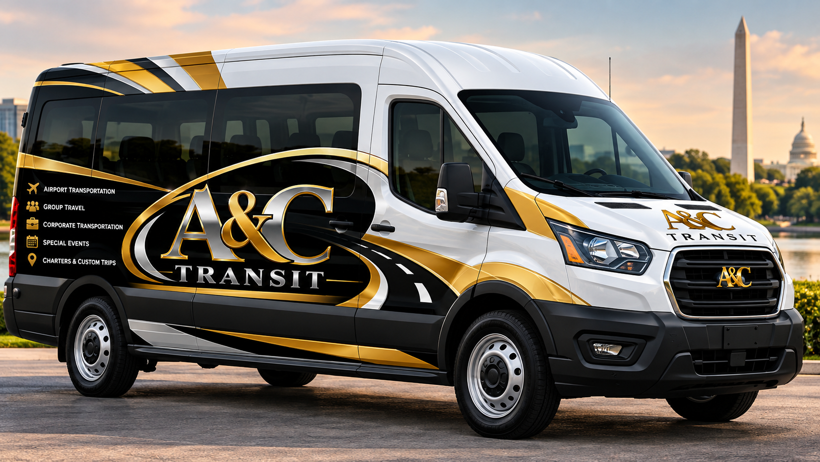 A& C Transit van with black, white, and gold graphics is parked outdoors with government buildings and the Washington Monument in the background.