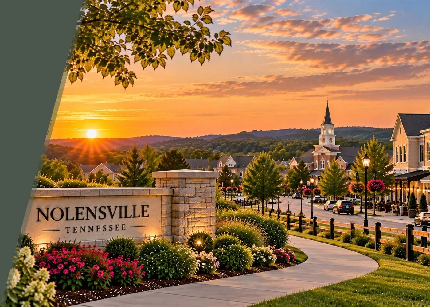 Sunset view of Nolensville, Tennessee showing a landscaped entrance sign, colorful flowers, trees, a small town street with hanging flower baskets, Church steeple, and residential buildings under a partly cloudy sky.