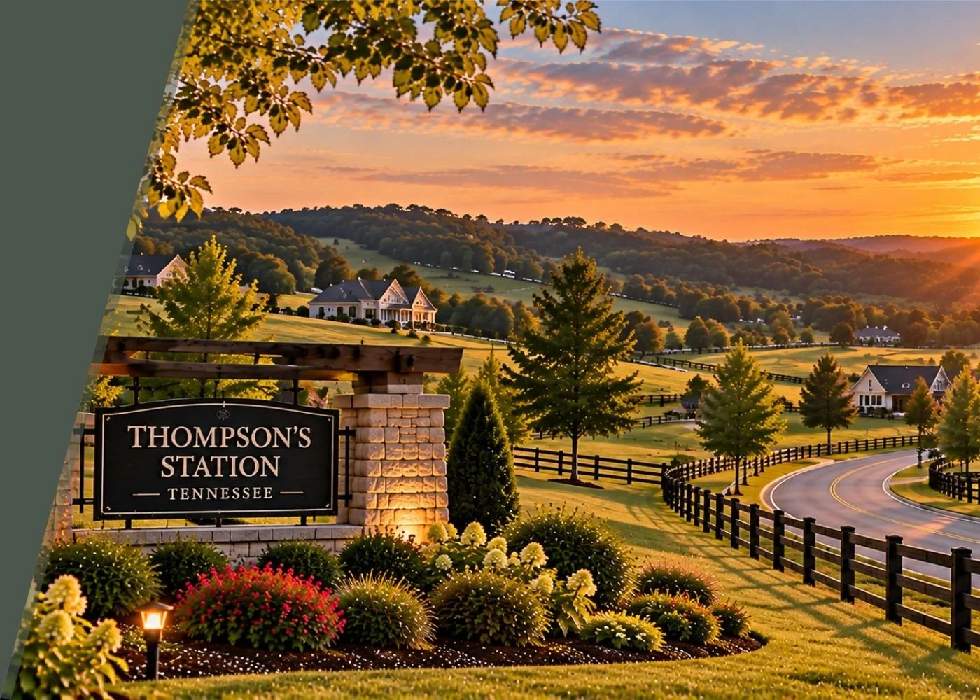 Sunset over a scenic countryside landscape with rolling hills, trees, and houses. A sign reads "Thompson's Station Tennessee" in the foreground, surrounded by flowers and a lamp post.