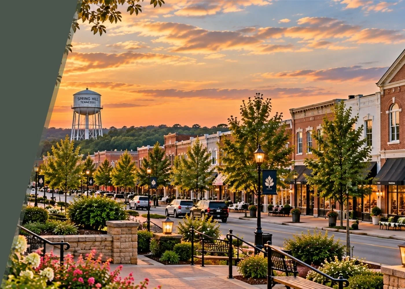 A lively downtown street at sunset in Spring Hill, Tennessee, with brick buildings, trees with string lights, parked cars, lampposts, and a water tower in the background.