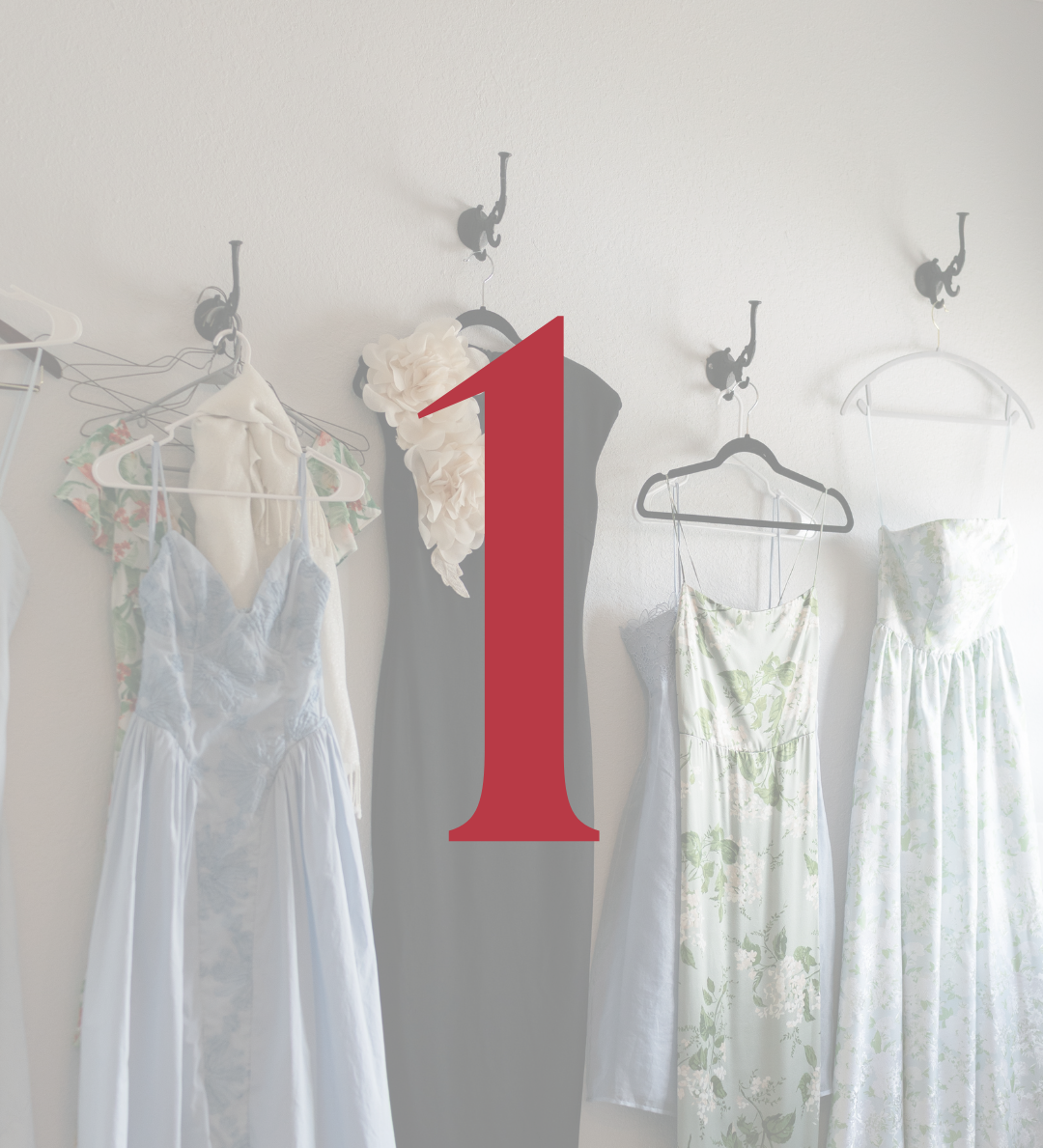 Vintage floral dresses hanging on wall hooks with a large red number one overlay