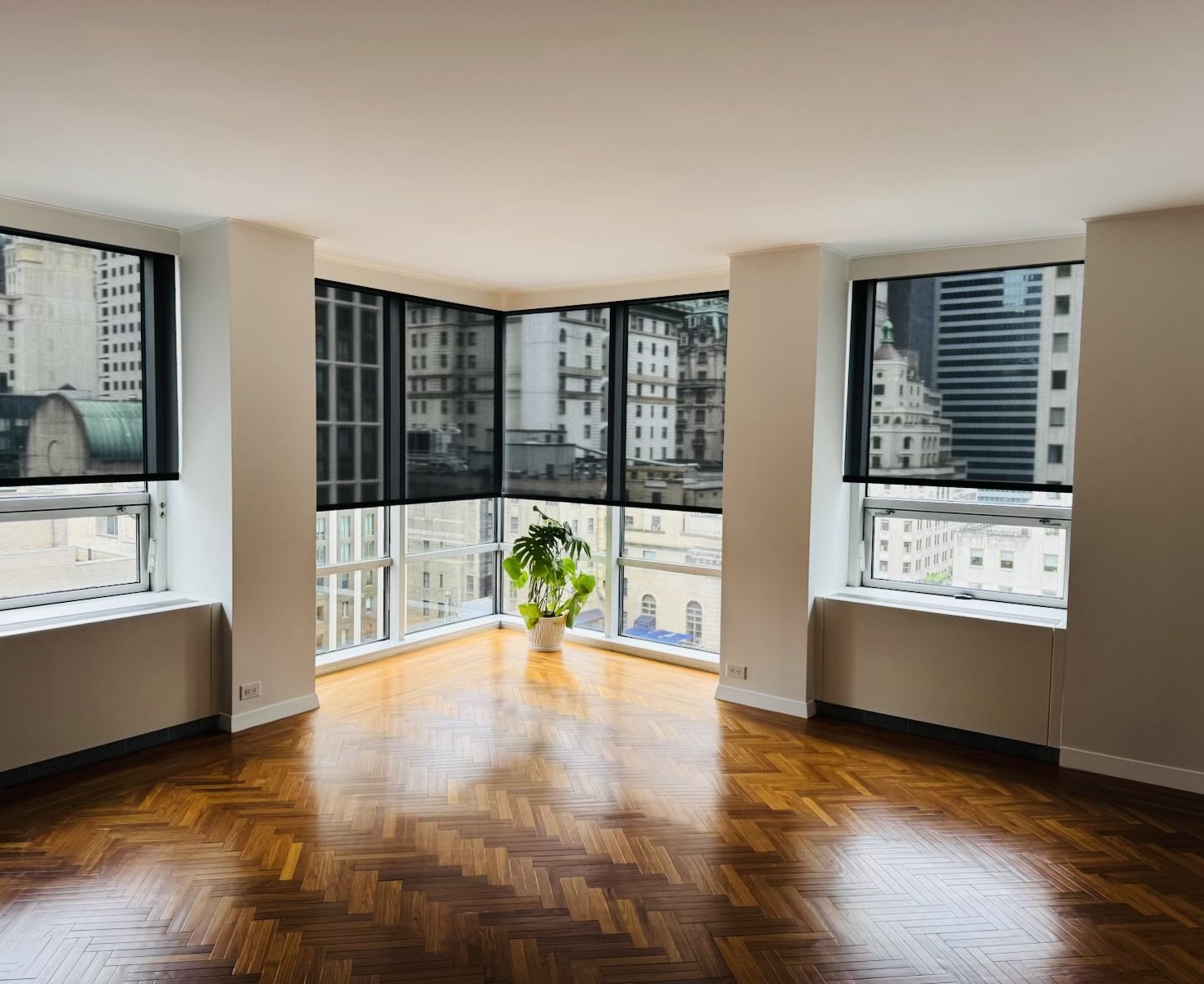 Empty apartment room with large windows showing city view, a potted plant near the corner, and wooden floor.