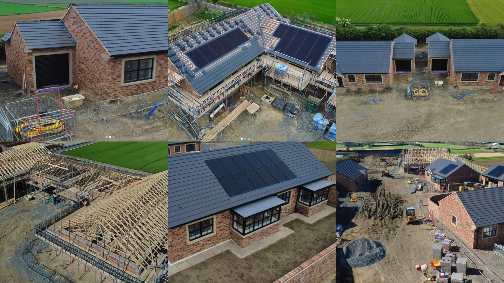 A collage of multiple aerial views showing houses under construction with partially built roofs and framing, construction sites, and surrounding green fields.
