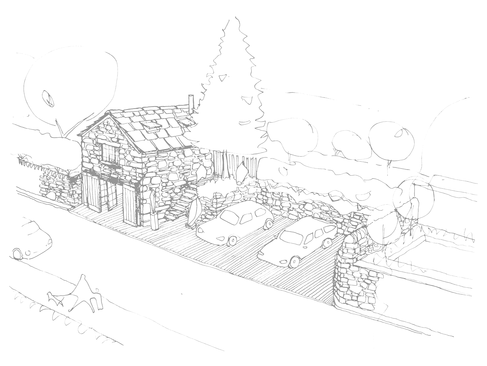 Line drawing of a small house made of stone and wood with a sloped roof, surrounded by trees, and a parking lot with cars in the foreground.