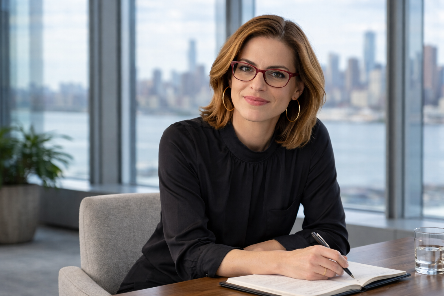 Suzanne Altshuler, founder of Windrose, at a desk with an open notebook in an office overlooking a city skyline