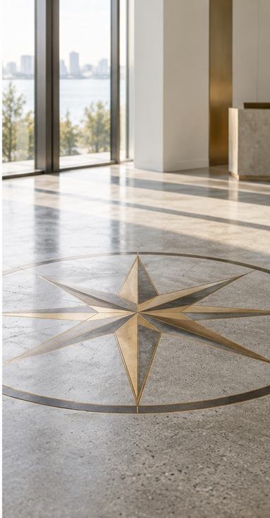 Compass rose design in the floor of a modern building overlooking a city skyline and river