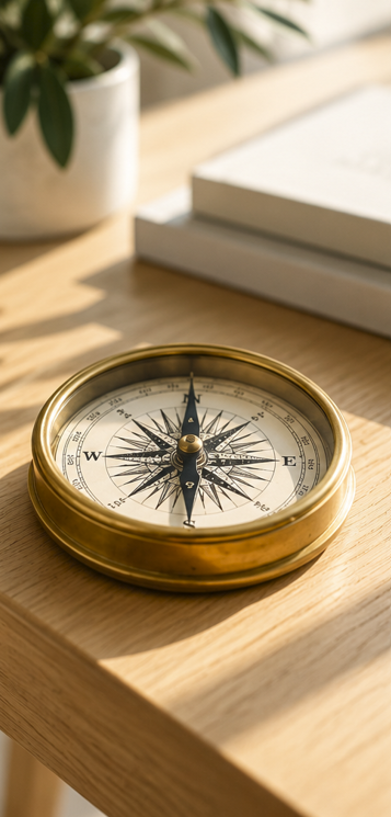Brass compass on a wooden desk with books and a plant, representing direction in your career