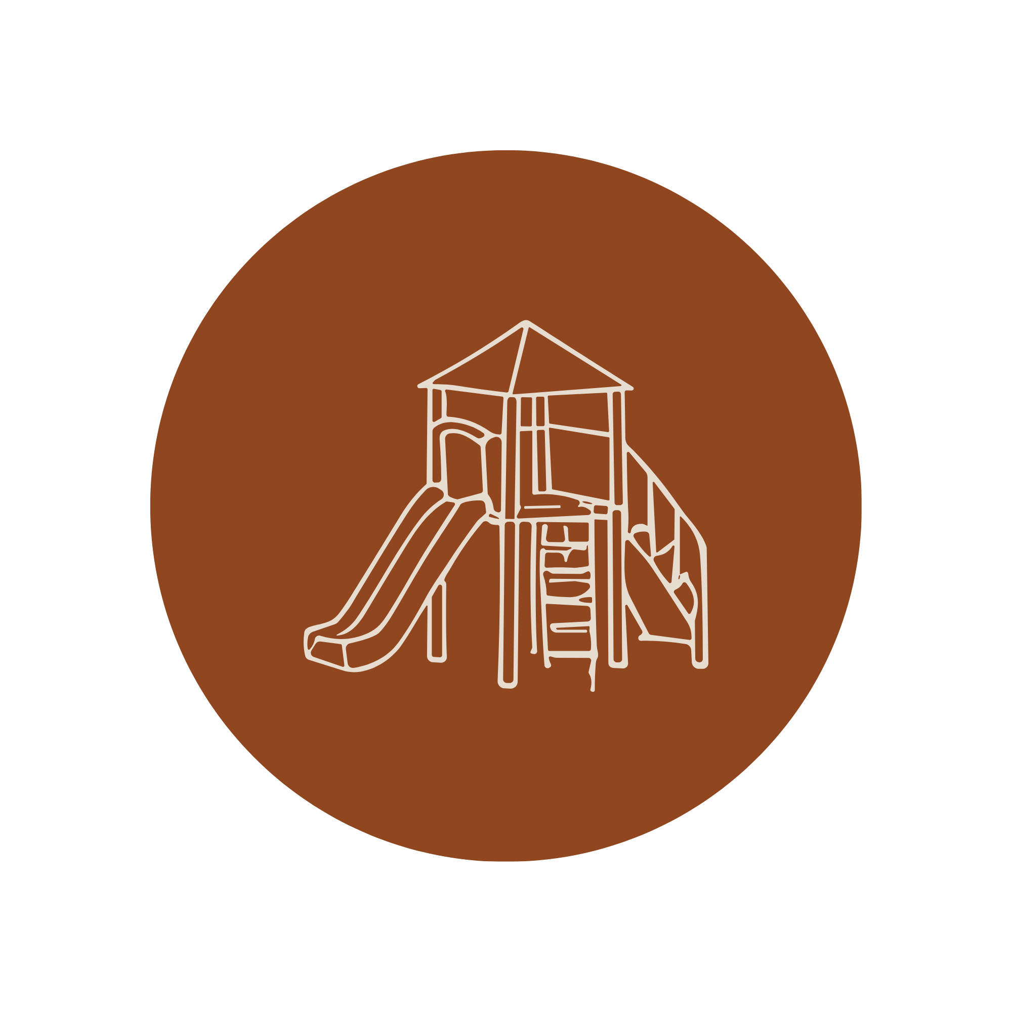 White line-art playground with slides, climbing ladder, and covered tower inside a brown circle