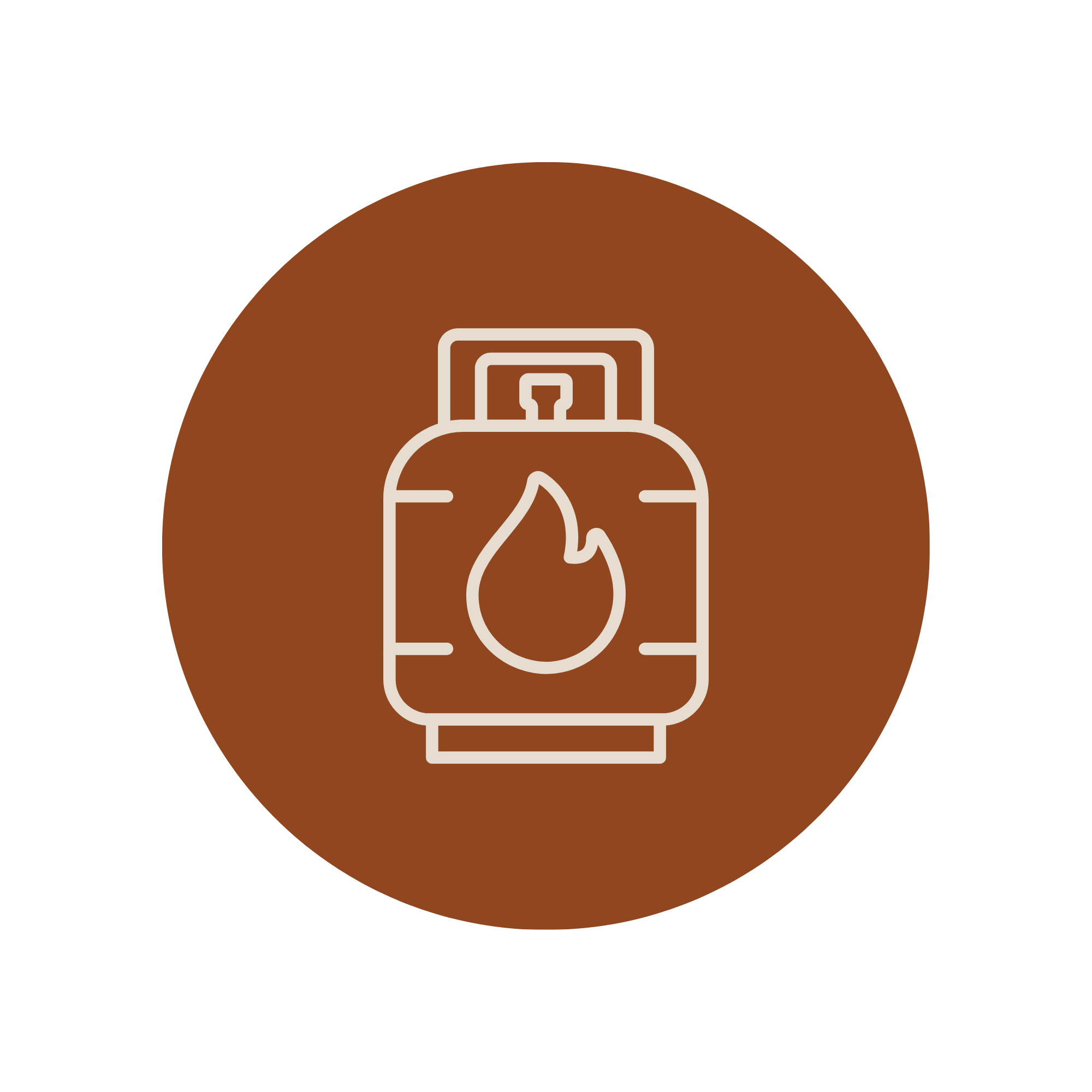 Line-art gas canister with a flame symbol inside a brown circle