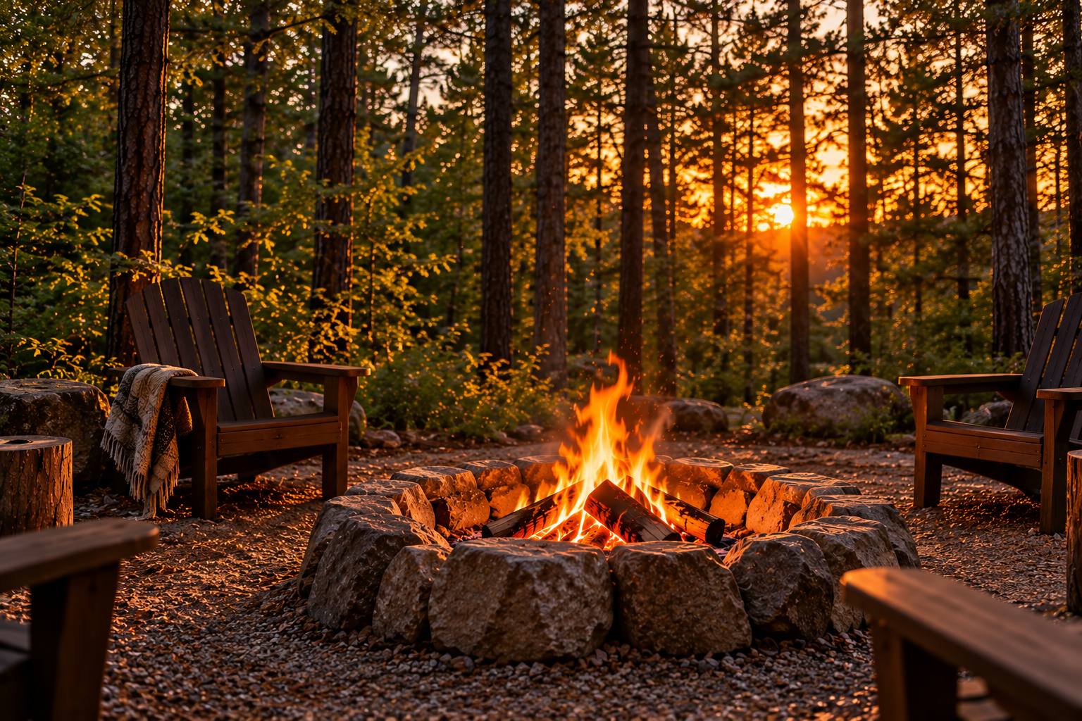 Campfire and fire ring at Torch & Timber Campground