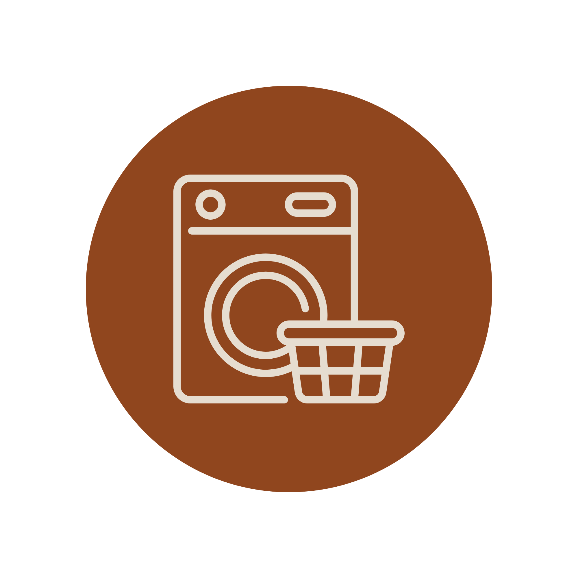 Line-art washing machine with a laundry basket on a brown circular background