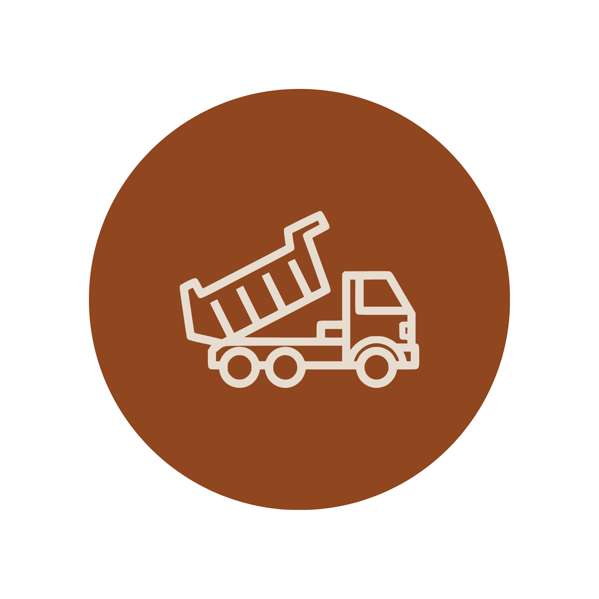 White flatbed truck icon with a tilted cargo bed inside a brown circle