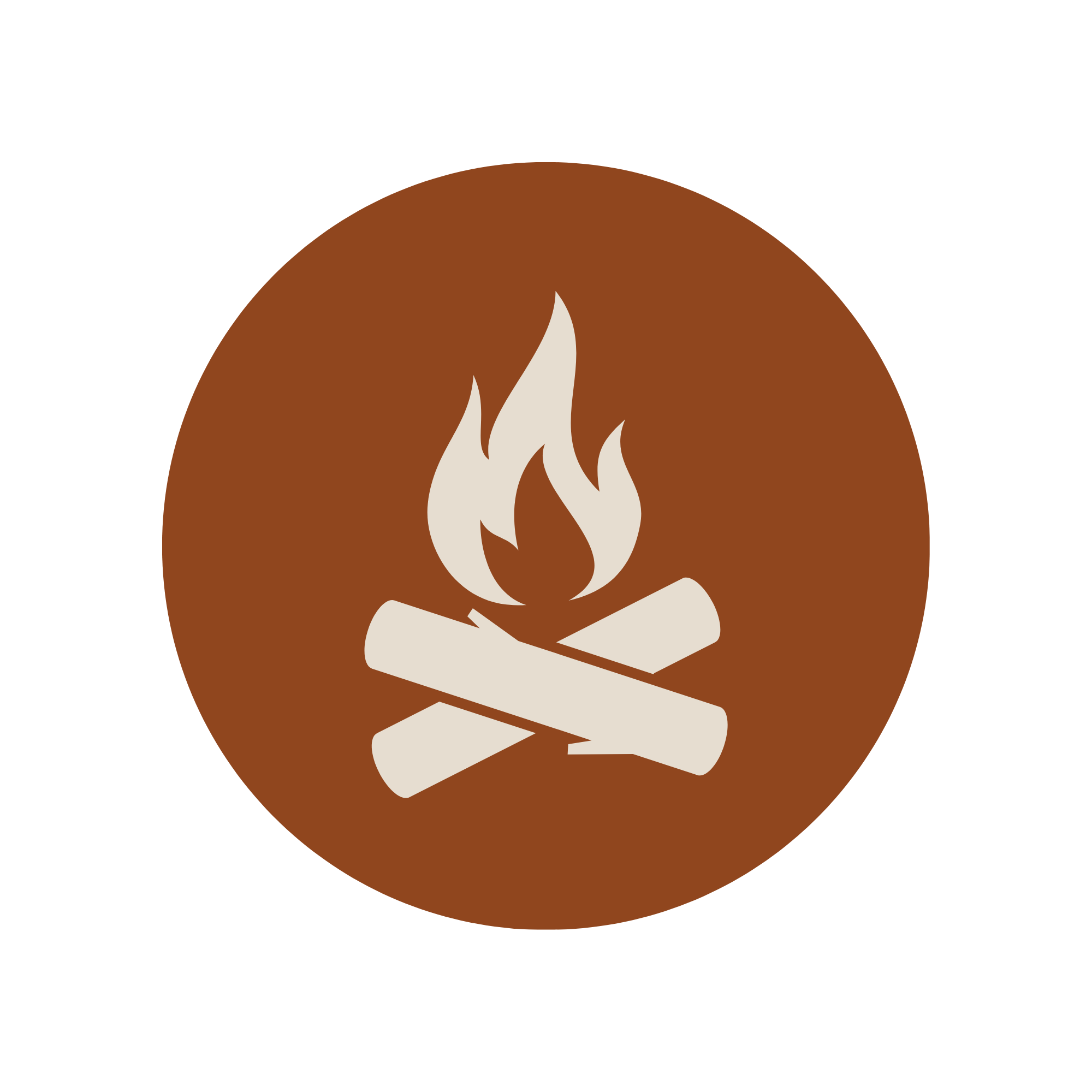 Stylized campfire with crossed logs inside a brown circle