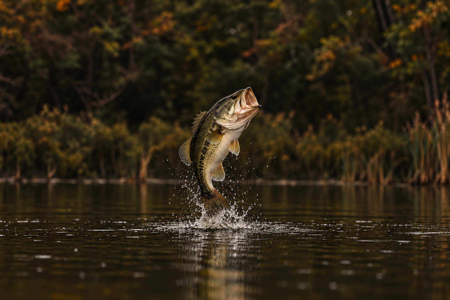 A large fish, likely a bass, leaping out of the water with its mouth open, with a background of trees and foliage.