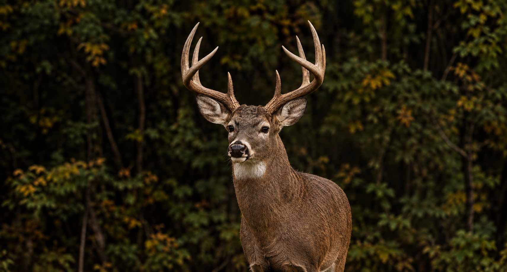 A majestic male deer with large antlers standing in front of a forest background.