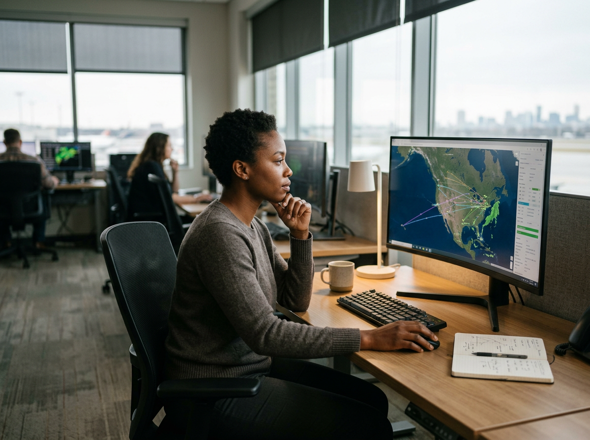 A woman working at a computer in an office with large windows, displaying a map of the United States with data points and connections.