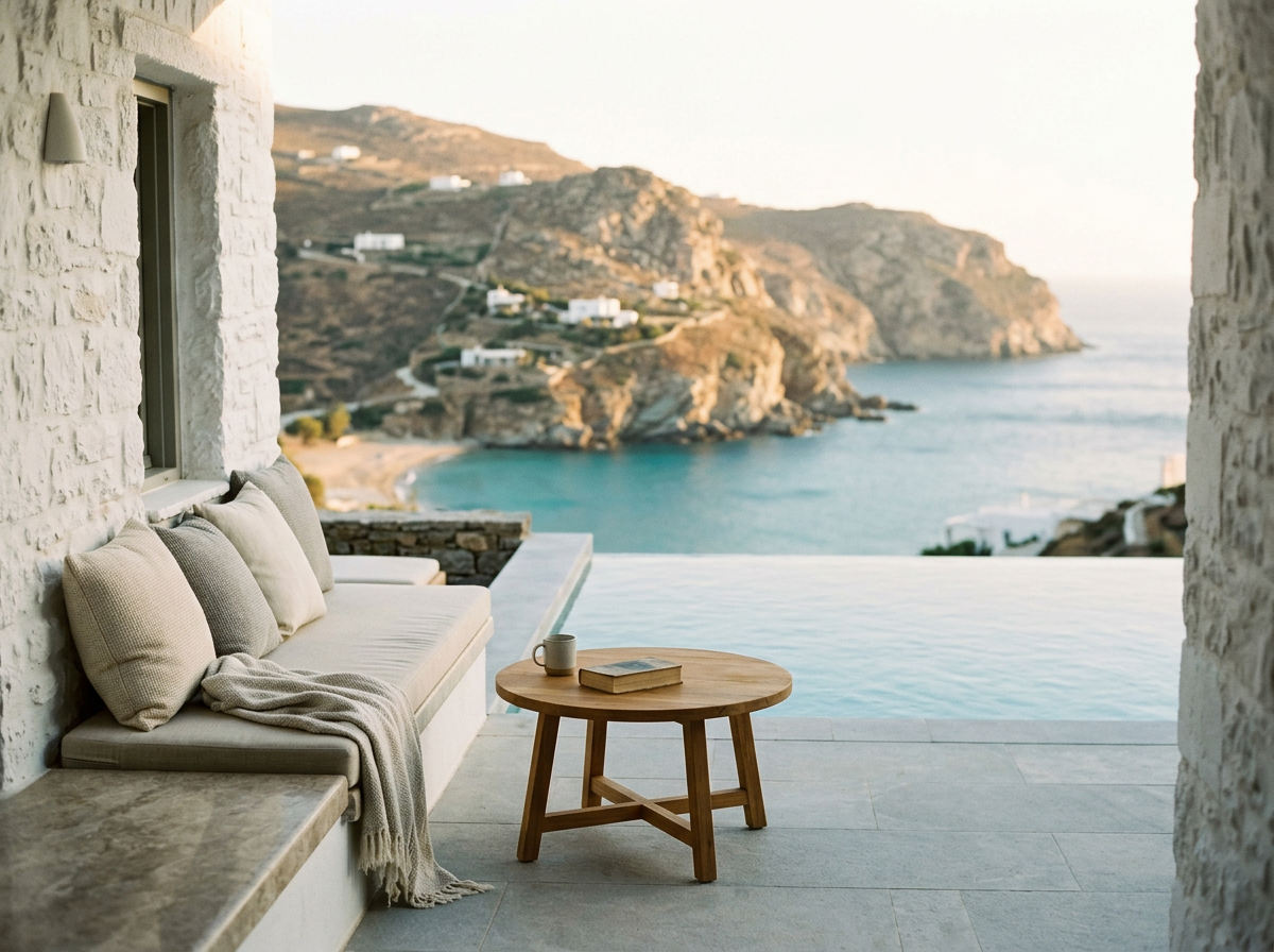 Seaside outdoor patio with cushioned seating and a wooden coffee table overlooking a cove with rocky cliffs and white buildings in the background.