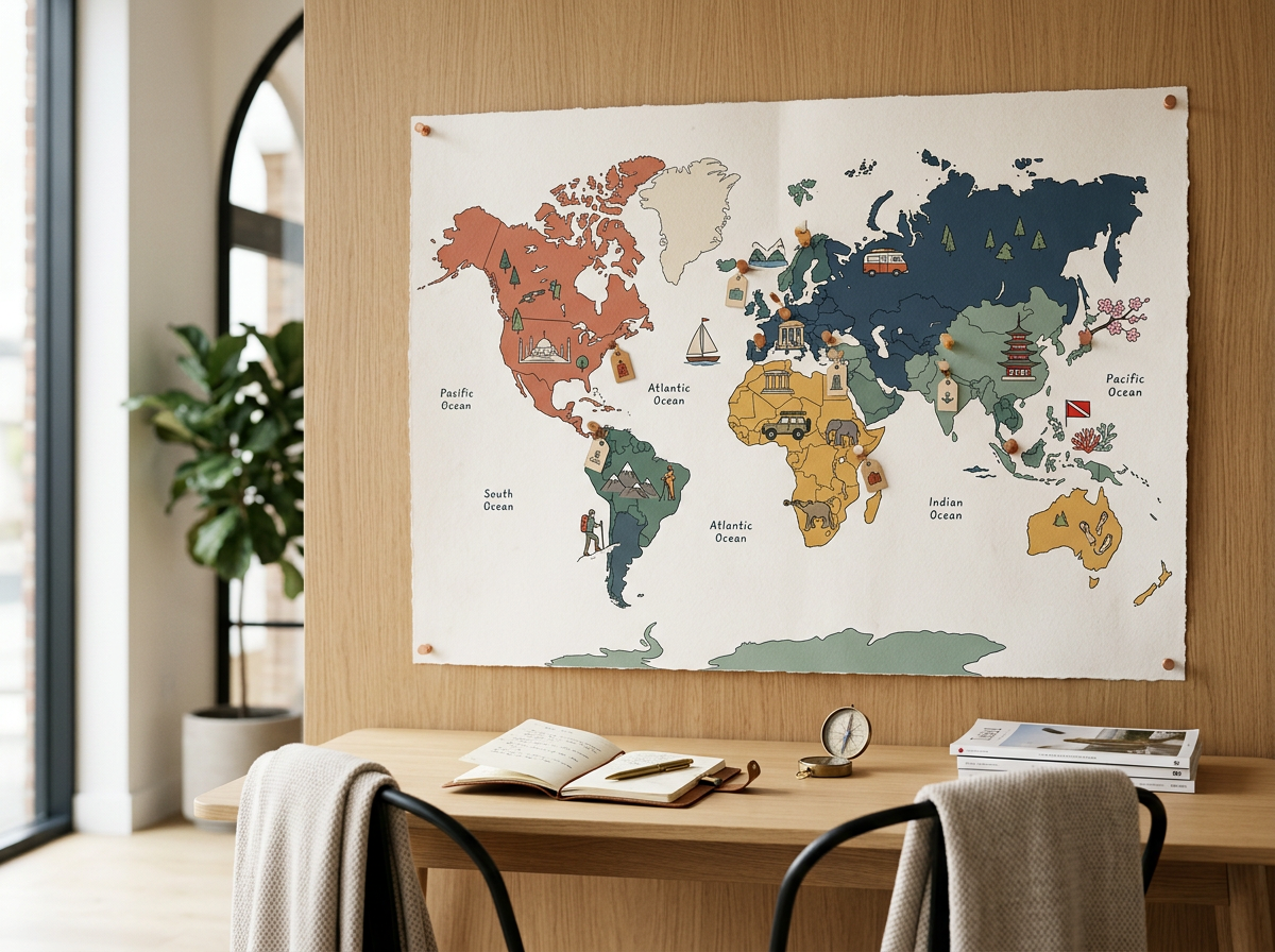 Colorful world map on a wall with various landmarks and symbols, in a room with a wooden table, an open notebook, a clock, and chairs.