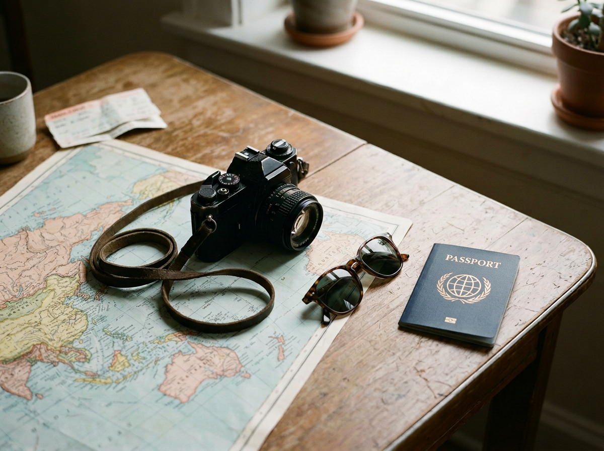 A vintage camera, a pair of sunglasses, a world map, a passport, and a coffee mug on a wooden table near a window with potted plants.