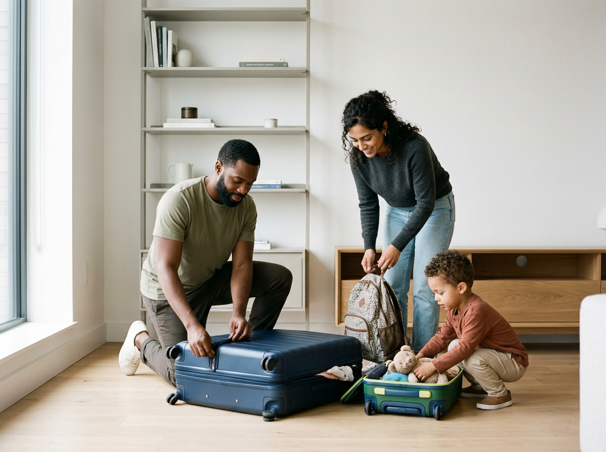 A family packing a suitcase in a bright, minimalist living room near a large window.