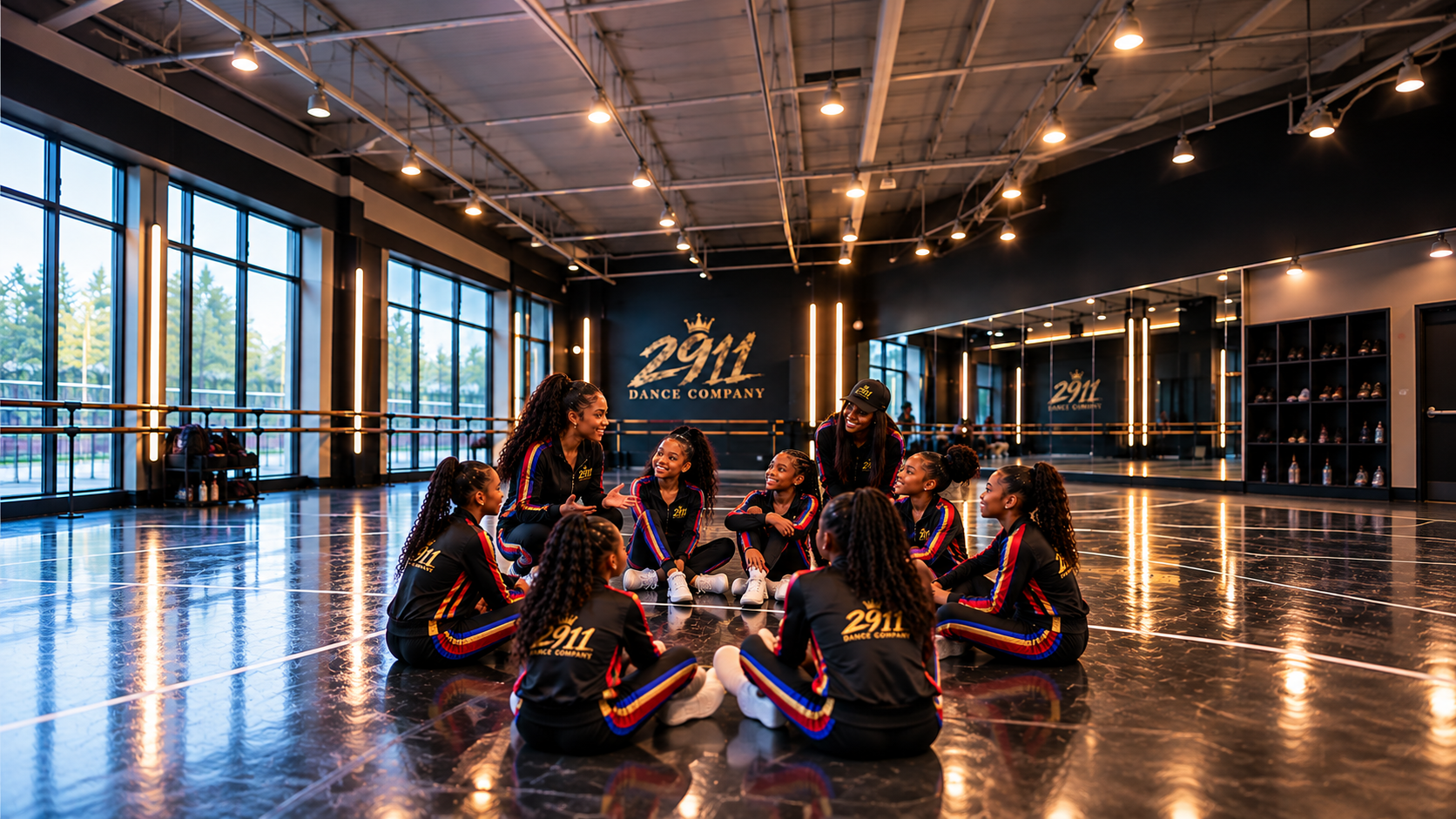 Dance class with young girls sitting in a circle on the dance studio floor, listening to their instructor who is talking and gesturing, inside a modern dance studio with large windows, bright lighting, and a sign that reads '2911 Dance Company' on the wall.