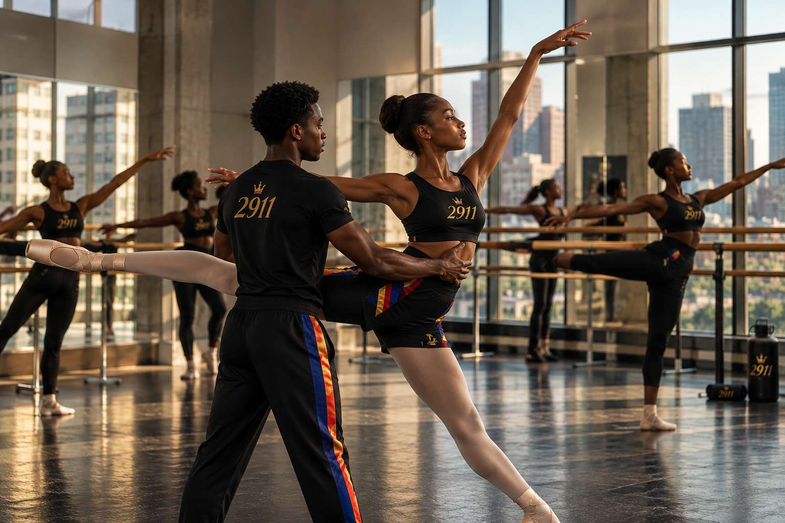 Ballet dancers practicing in a dance studio with large windows, with one dancer being assisted by a trainer to stretch.