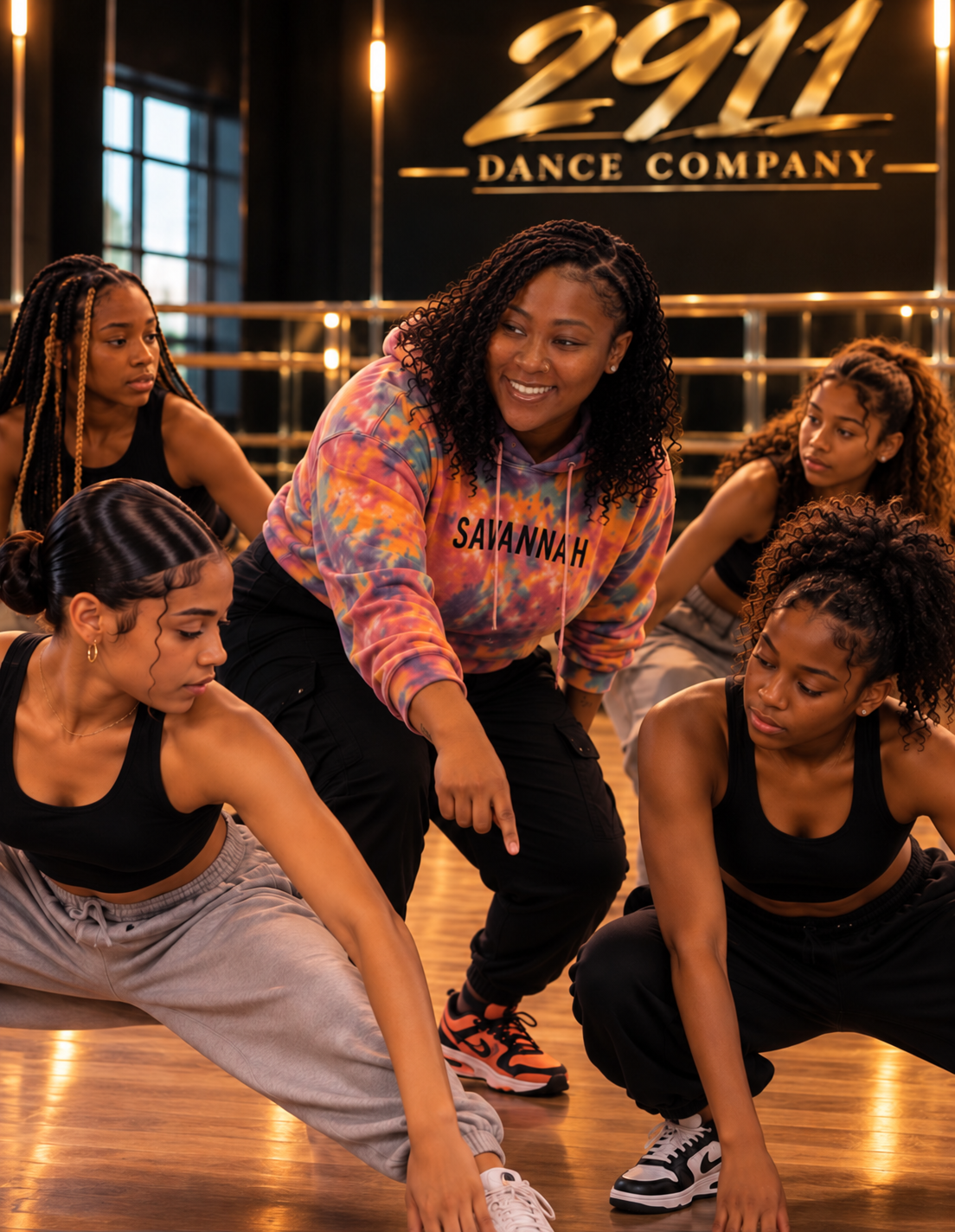 A dance instructor leading a class of young women in a dance studio, with a sign that reads '2911 Dance Company' in the background.