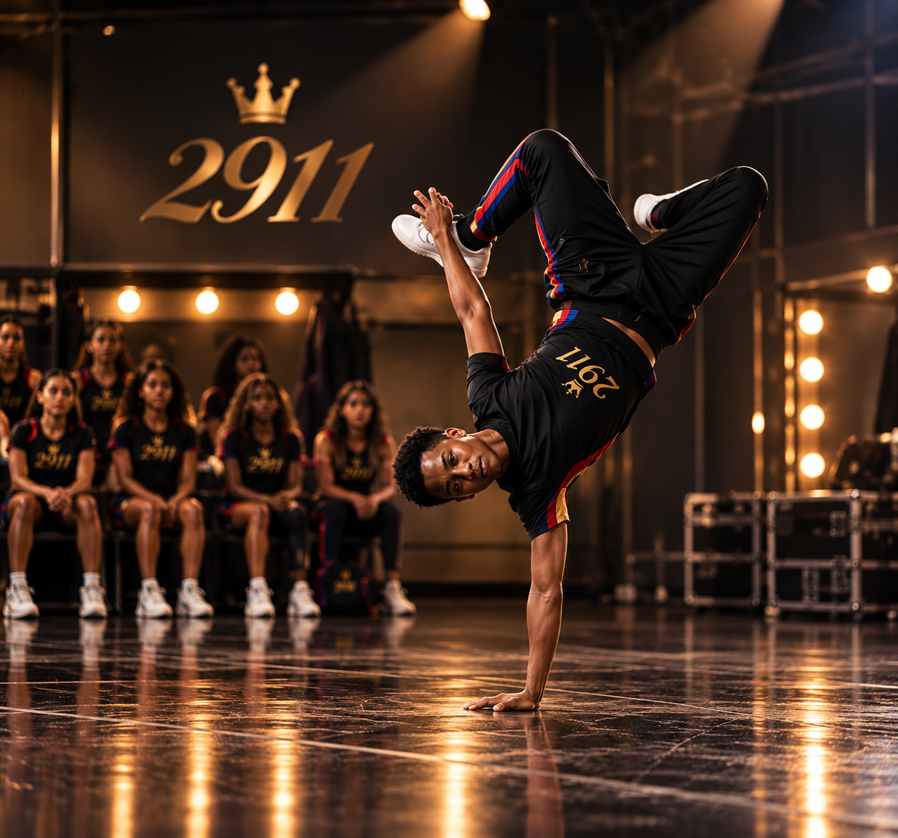 A male dancer performs a one-handed handstand on a dance stage with a backdrop that reads '2911' and a crown symbol. Several seated female dancers in black uniforms with red and gold accents watch him, with stage lights illuminating the scene.