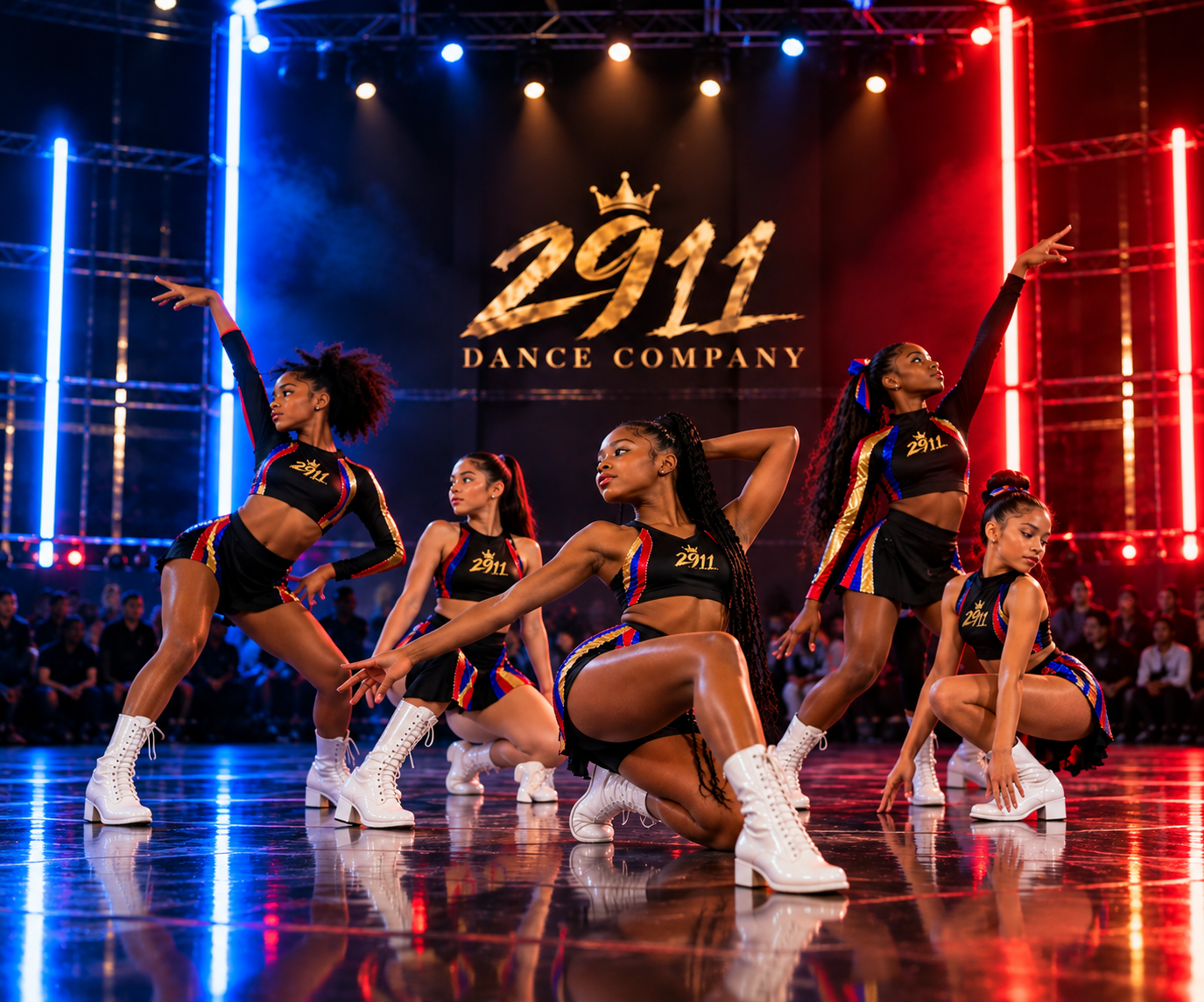 Dance team performing on stage at a competition with the logo 2911 Dance Company in the background, illuminated by colorful stage lights, with an audience in the background.