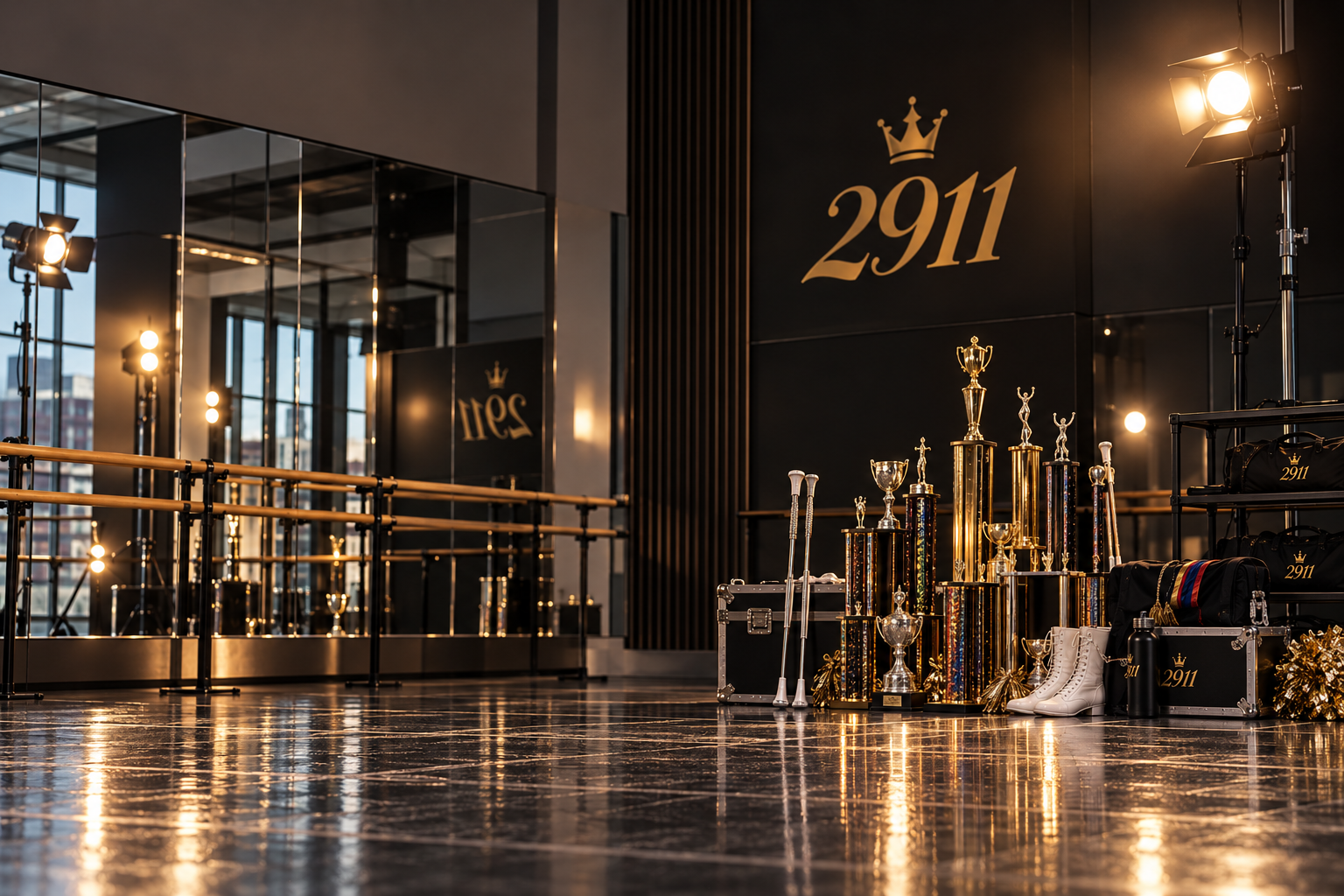 Award trophies and sports gear arranged on the floor in a dance studio, with black suitcases labeled 2911, gold trophies, white ice skates, a water bottle, and black bags. Mirrored wall and stage lighting create reflections and a professional atmosphere.