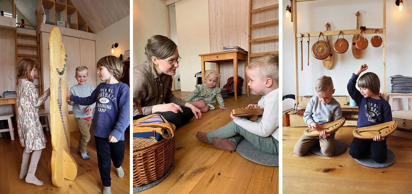 Children playing and engaging in activities with a teacher or caregiver in a cozy, wooden-furnished room, which includes kitchen utensils hanging on a wooden rack.