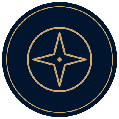 Leadership icon, gold north star in a navy medallion