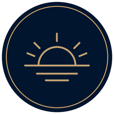 Recovery icon, gold sunrise in a navy medallion