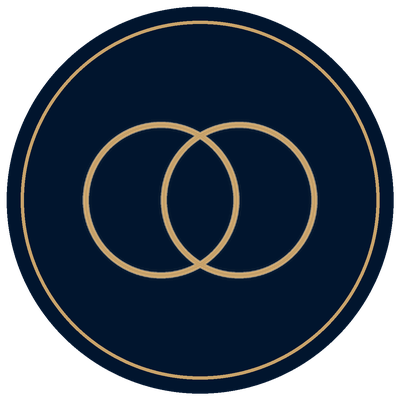 Relationships icon, gold interlocking circles in a navy medallion