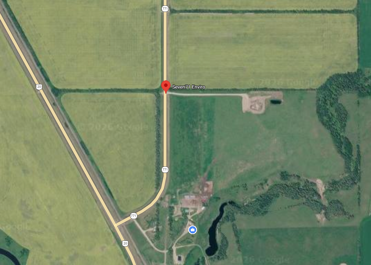 Satellite map showing Seven71 Enviro on Highway 771 near Highway 20. Select for truck entrance directions.